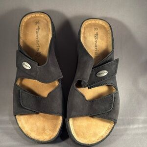 Tamaris Sandals, Spain, Black Suede, Rubber Sole Size 39 (8.5-9).